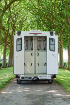 Rear of a Theault XTEO horsebox showing the closed loading ramp and rear doors