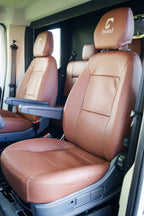 Tan leather seating inside the cab of a Theault XTEO horsebox