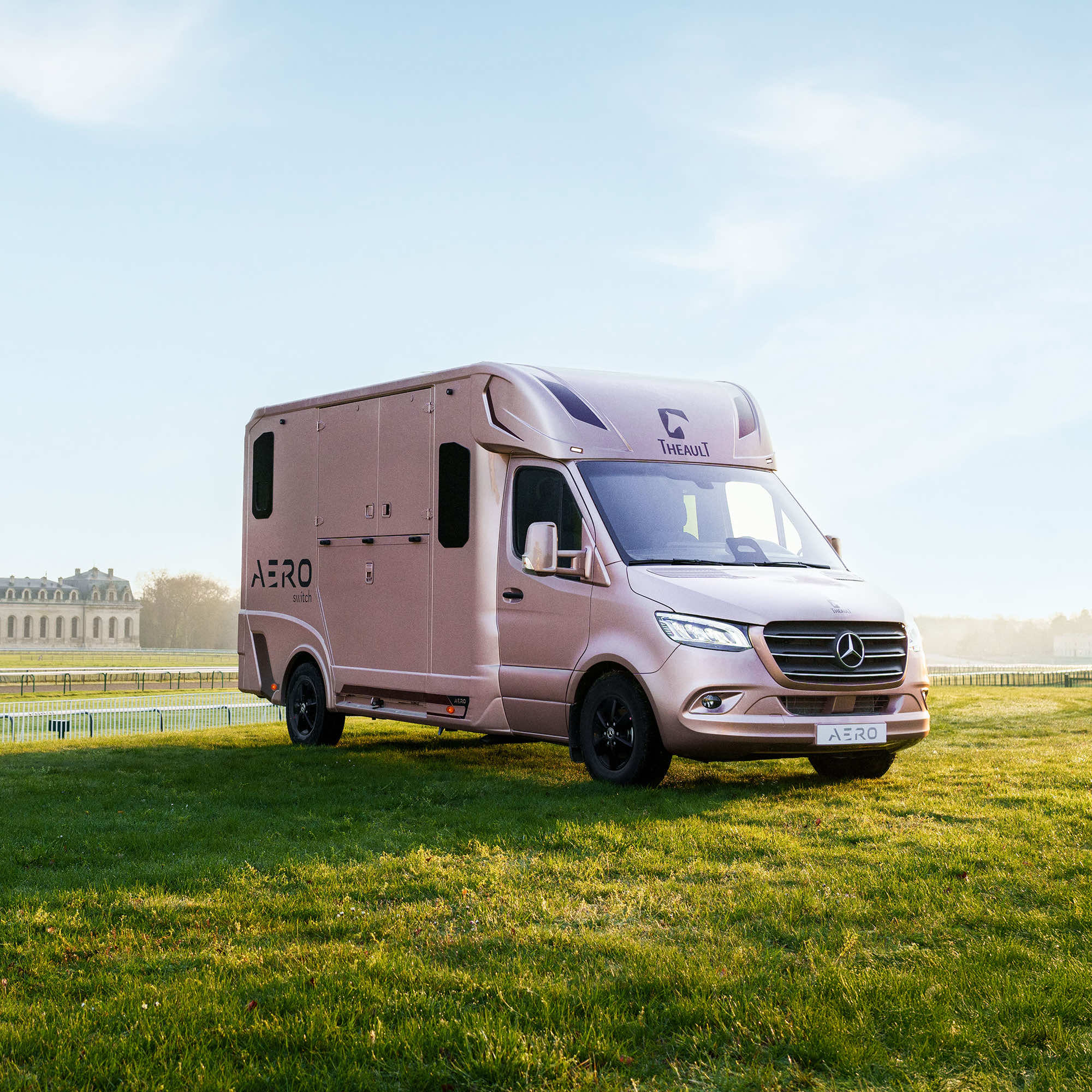 Front three-quarter view of a Theault Aero Sprinter horsebox in a field