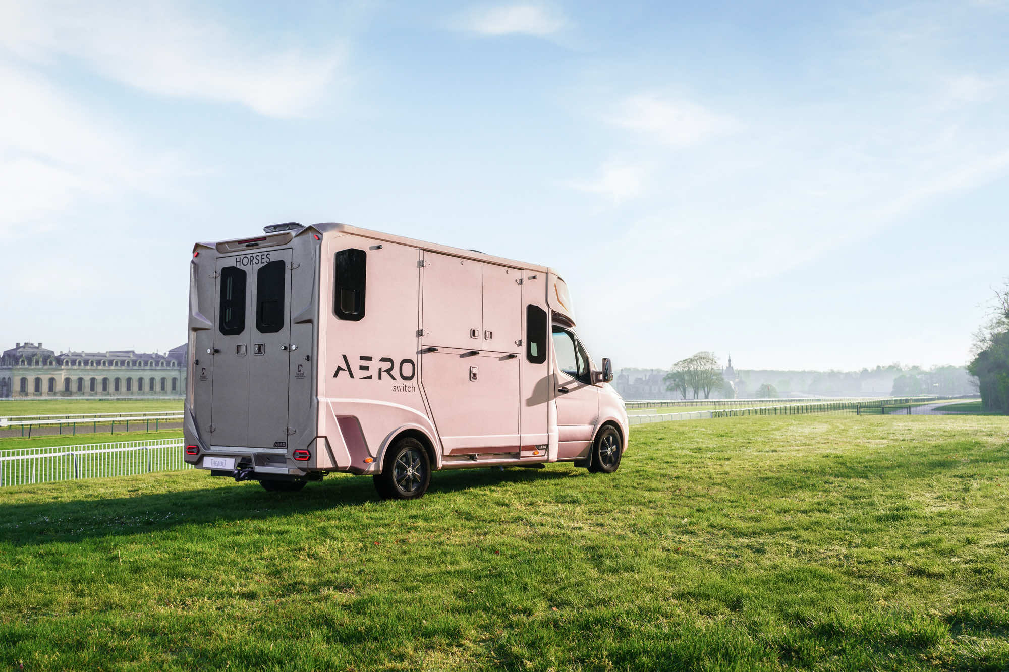 Side view of a Theault Aero Sprinter horsebox in a field