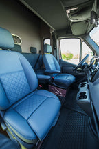 Blue leather cab seating in a Theault Aero Sprinter horsebox