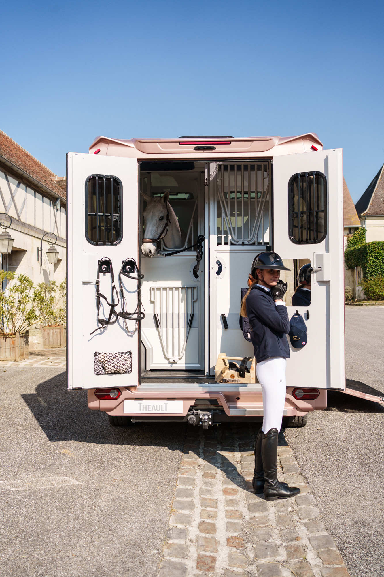 Theault Aero Sprinter horsebox with the rear ramp down showing the horse area