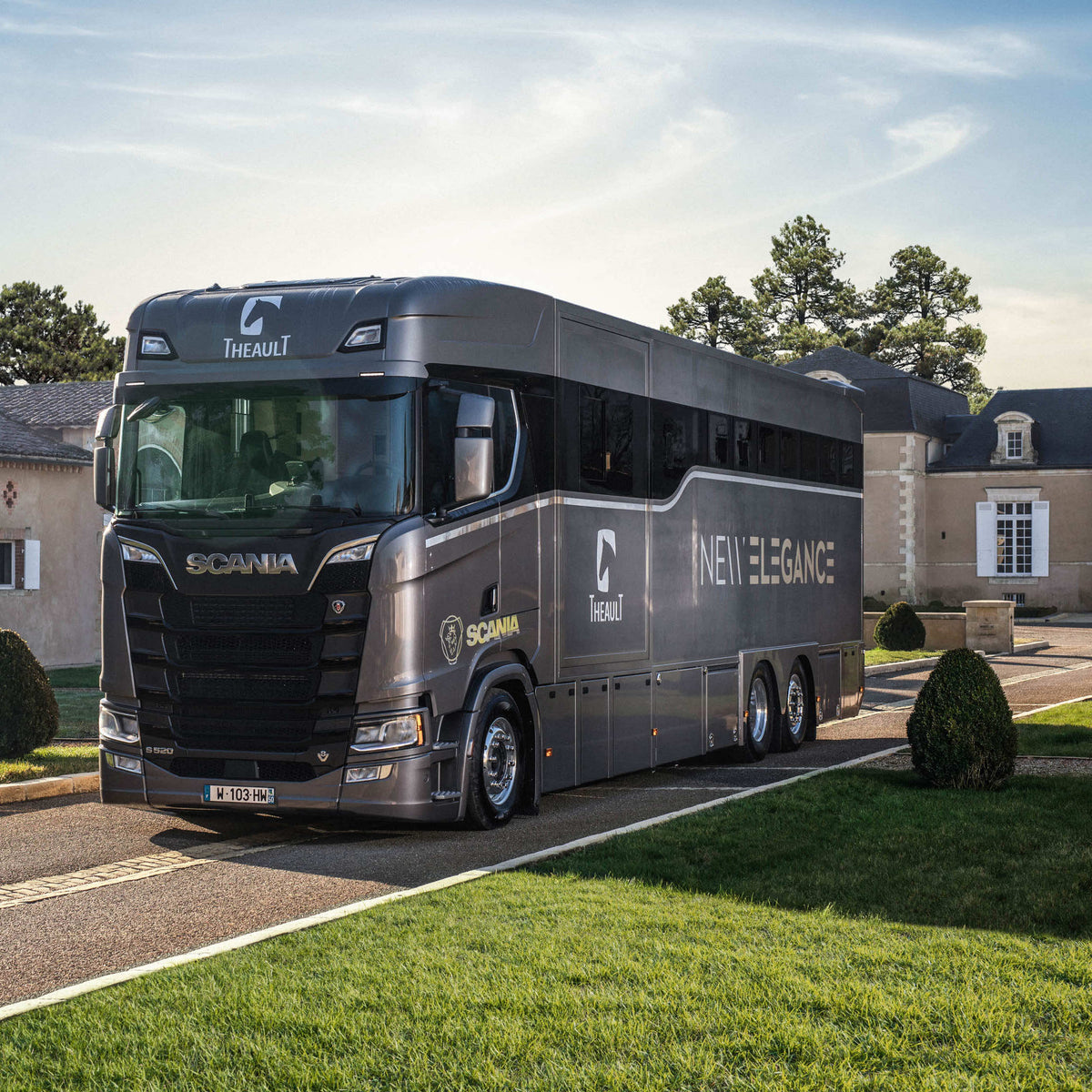 Theault Elegance horsebox parked, front three-quarter view