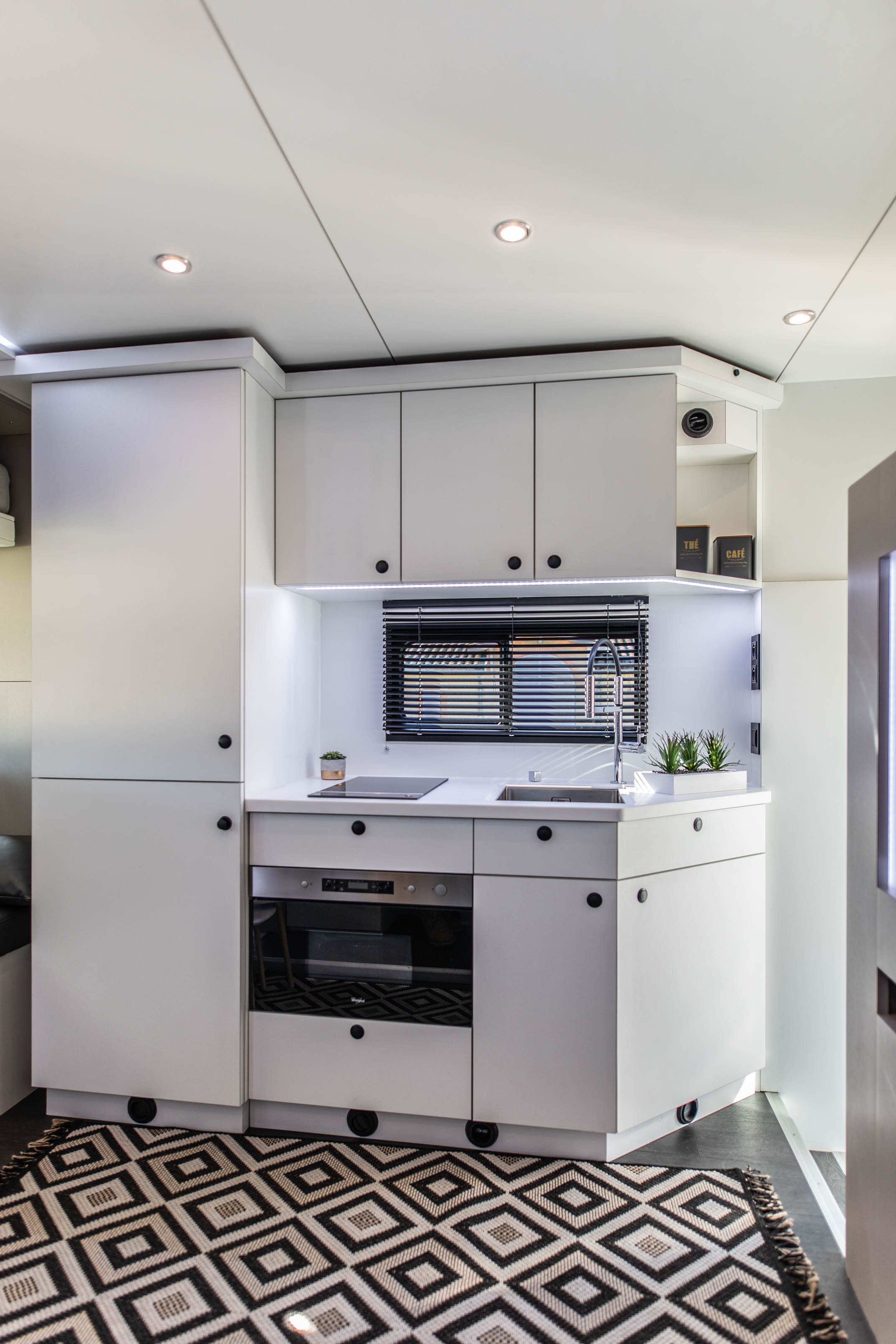 Kitchen area inside the living quarters of a Theault Elegance horsebox