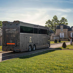 Rear view of a Theault Elegance horsebox parked with the ramp closed