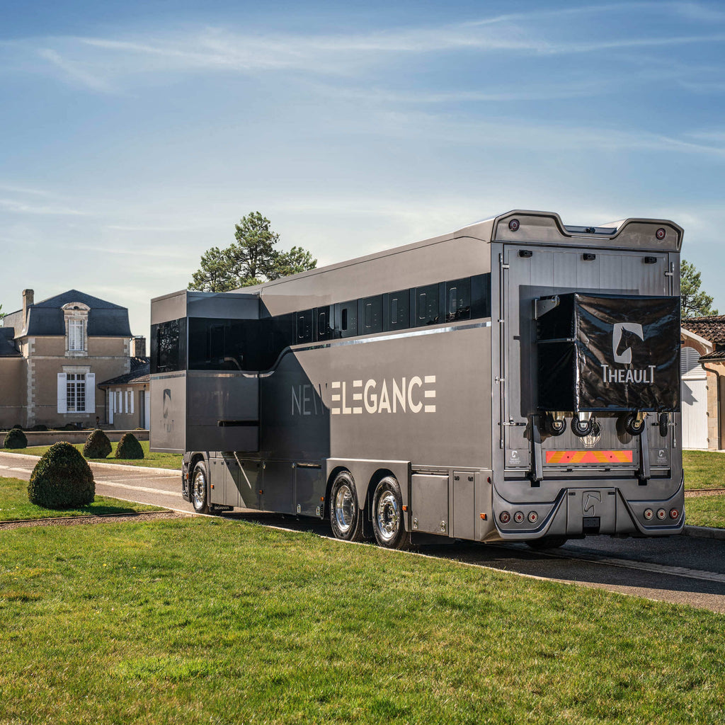 Theault Elegance horsebox with the lounge slide-out open, side view