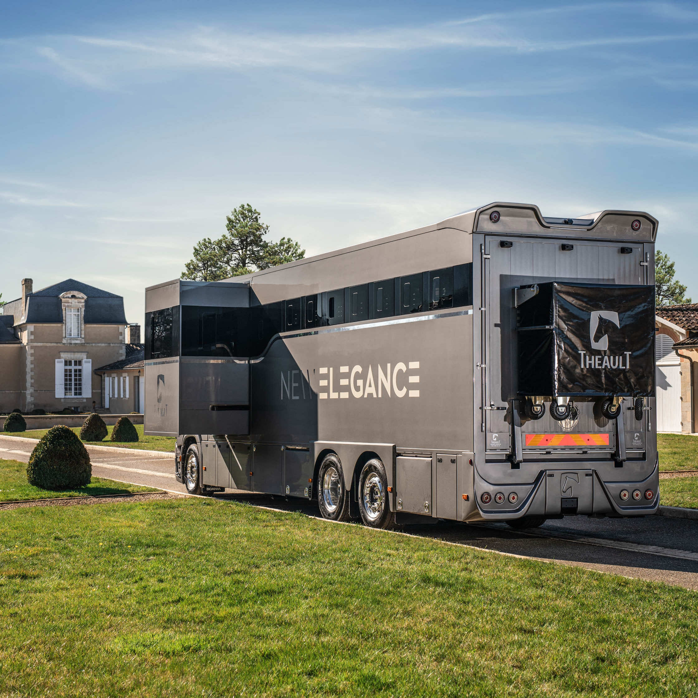 Theault Elegance horsebox with the lounge slide-out open, side view