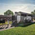 Theault Elegance horsebox with the ramp down and a horse alongside