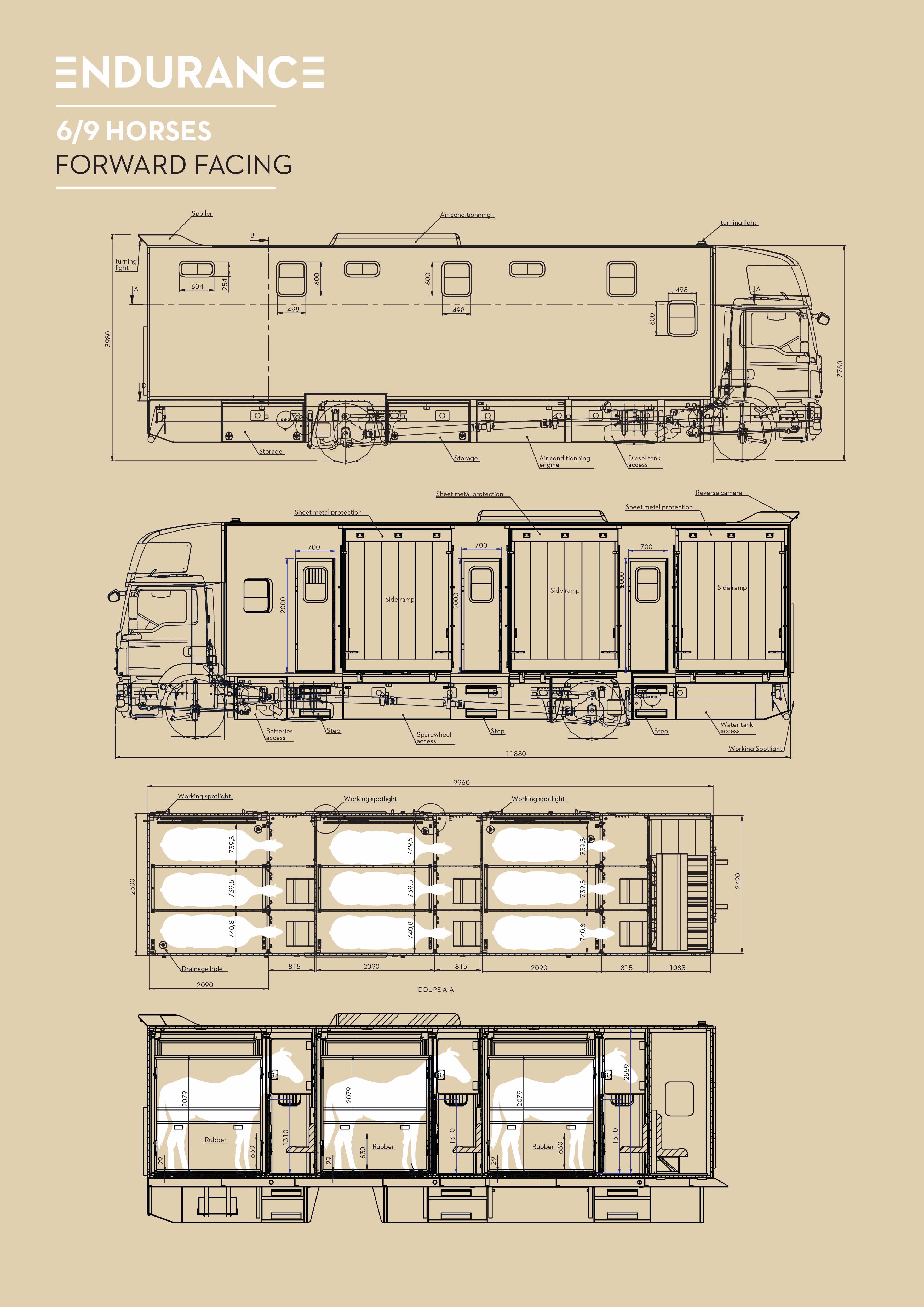 Theault Endurance horsebox 6 to 9 horse configuration, alternative layout