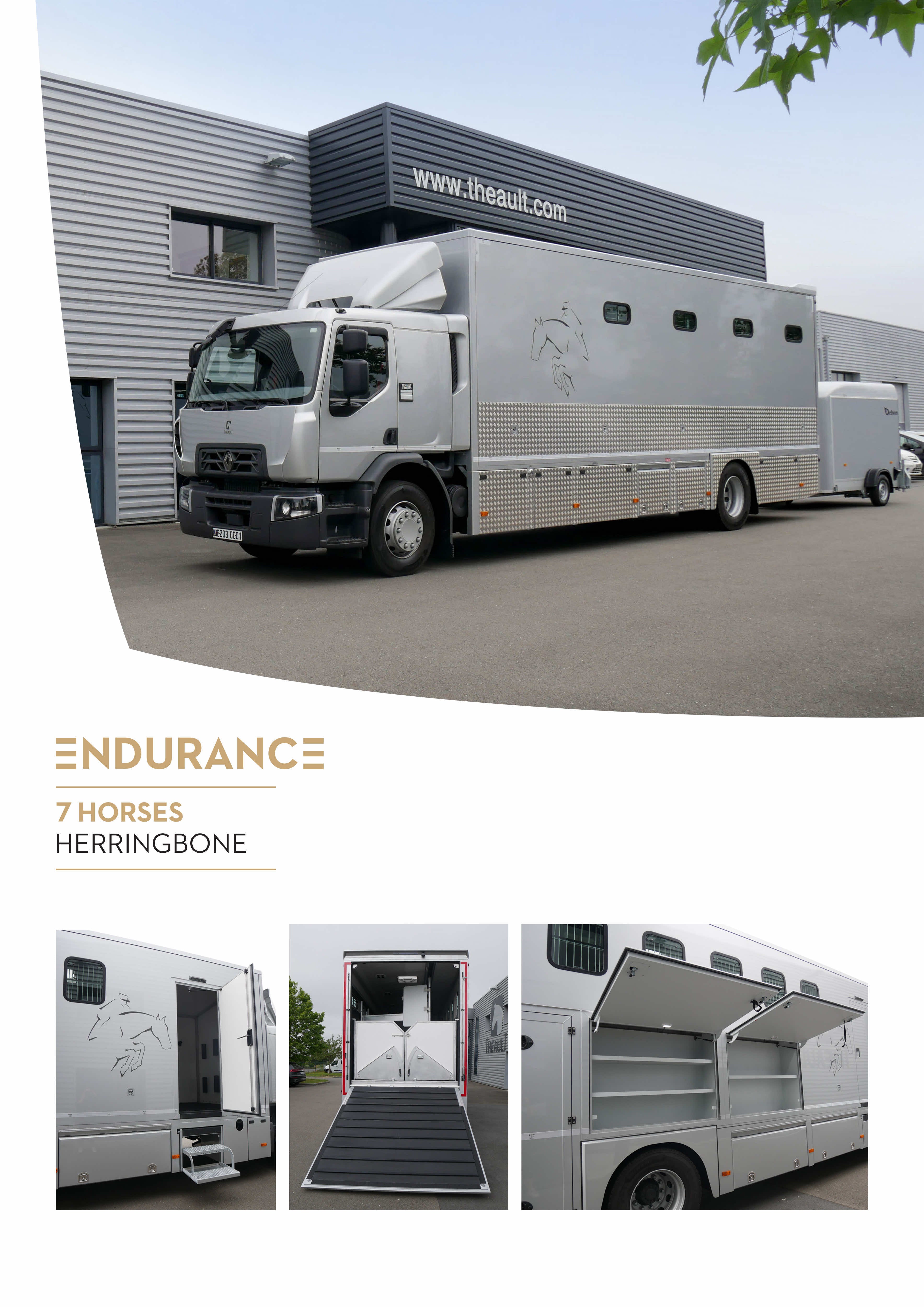 Theault Endurance horsebox layout for 7 horses in a herringbone configuration
